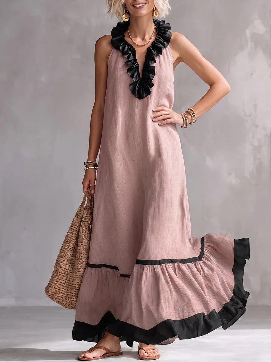 Elegant And Romantic Ruffled Color-blocked Maxi Dress
