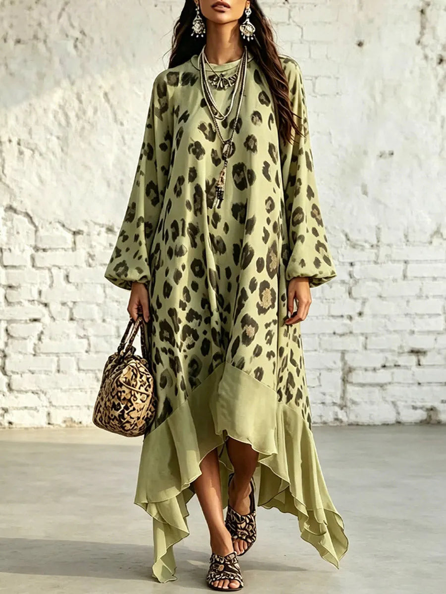 Women's Leopard Pattern Loose Art Casual Stylish Long Sleeve Dress