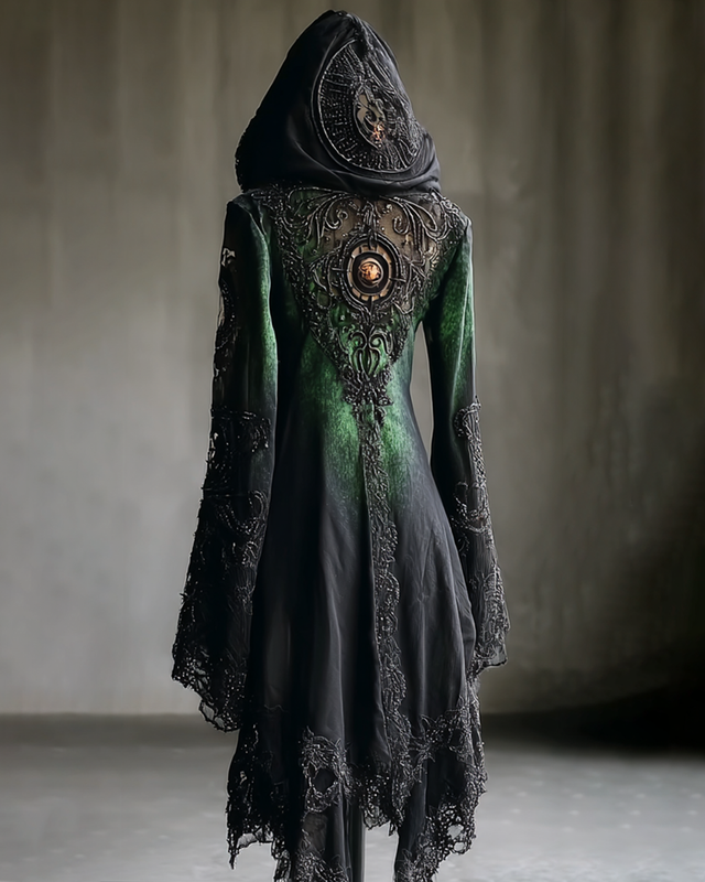 Halloween Gradient Embroidered Lace Patchwork Hooded Dress df61