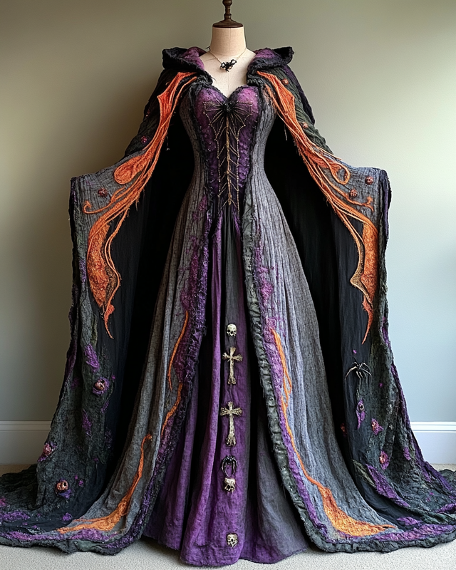 Women's Halloween Bat Wing Sleeve Contrast Color Exaggerated Cape Dress 34ee