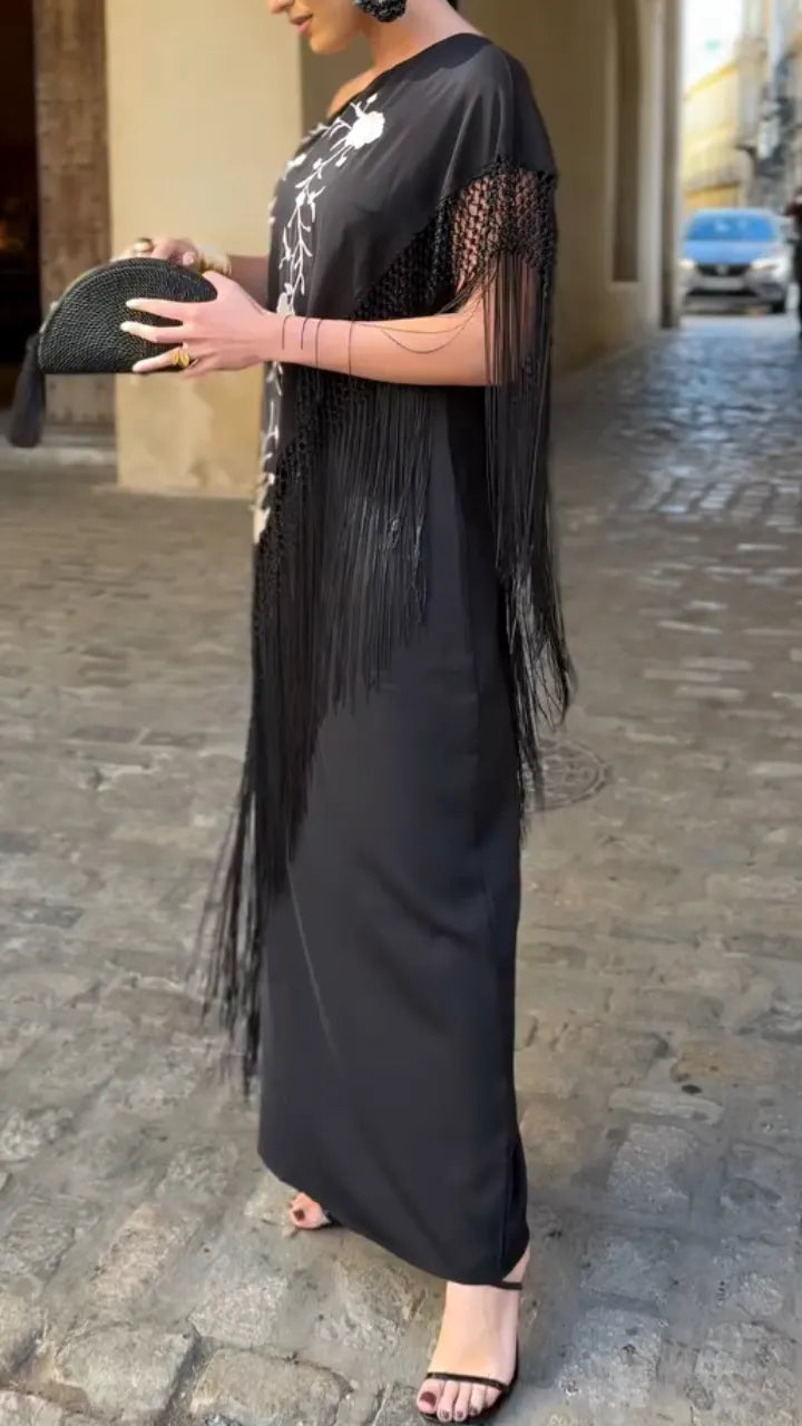 One Shoulder Floral Embroidered Fringe Split Maxi Evening Party Dress