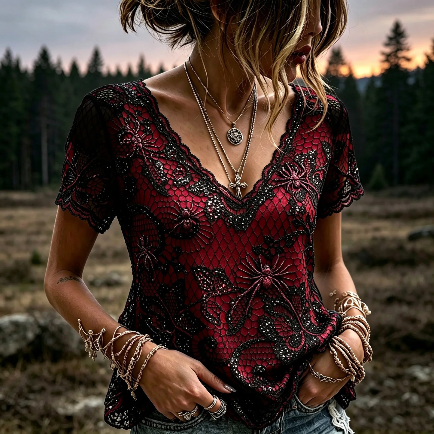 Women's Retro Gothic Spiderweb Lace Print Short-sleeve Top