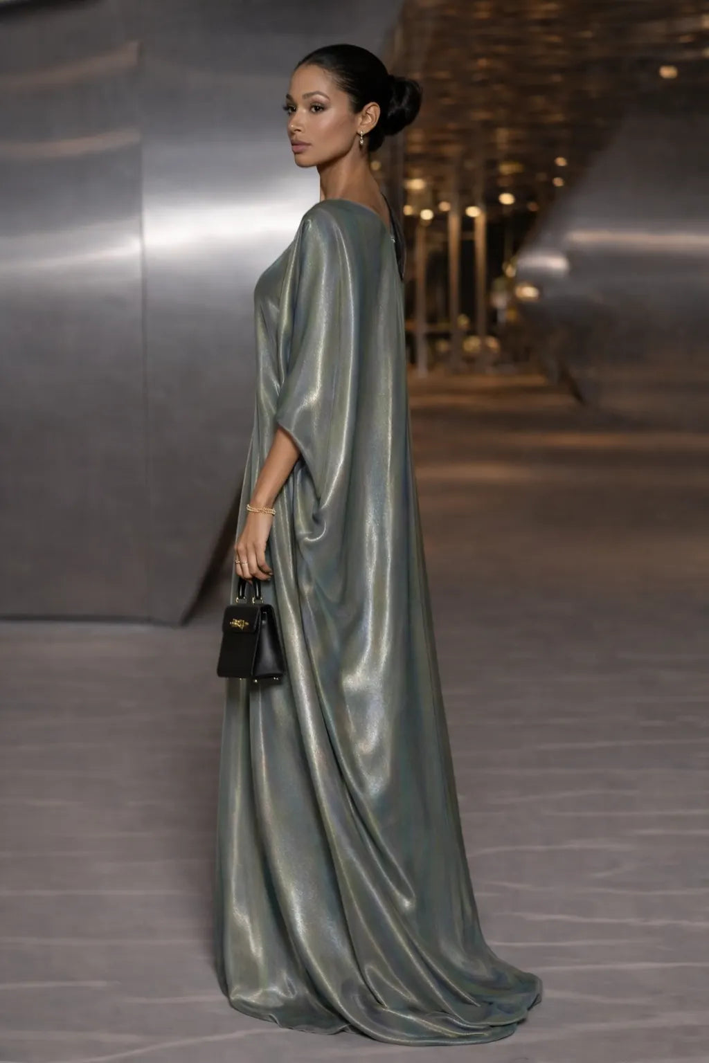 Draped Batwing Sleeve Shiny Maxi Dress