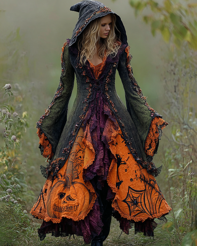 Halloween Themed Irregular Pumpkin Spiderweb Embroidery Hooded Dress 2bc3