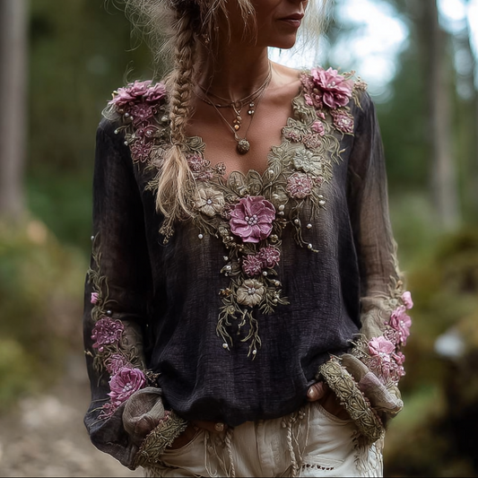 Bohemian Style Round Neck Long Sleeve 3d Purple Flower Design Cotton And Linen Top For Women