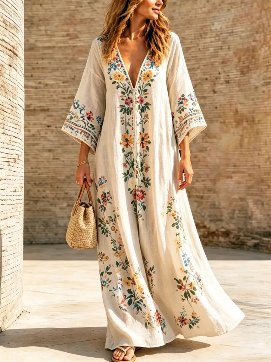 Women's Ethnic Floral Art Casual Stylish V-collar 3/4 Sleeve Cotton Linen Maxi Dress