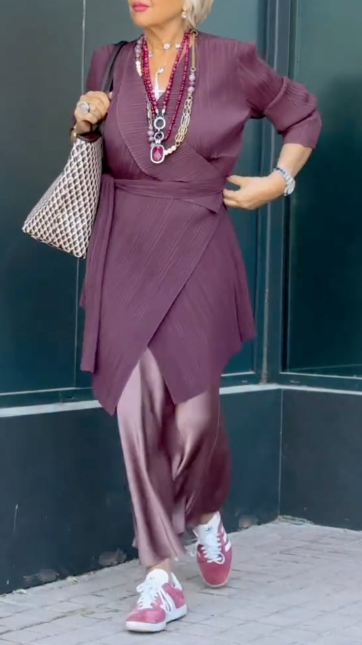 Purple Pleated Wrap Tunic & Satin Skirt Co-Ord Set