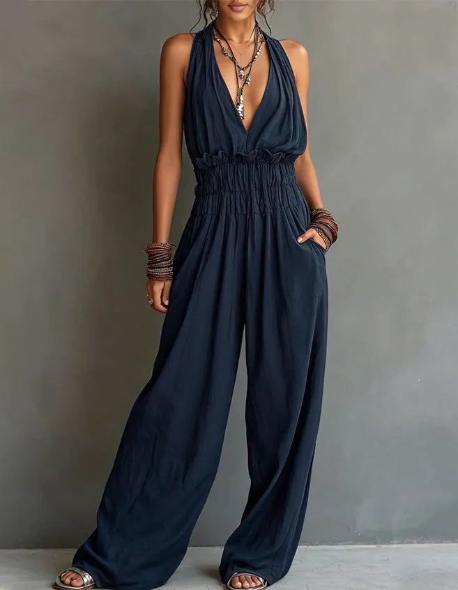 Women's Deep V-neck Backless Halter Neck Wide-leg Jumpsuit