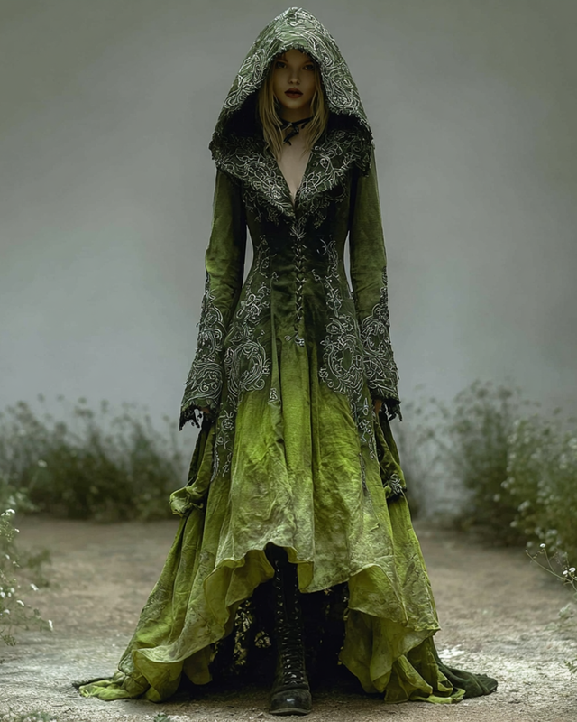 Halloween Themed Irregular Gradient Embroidered Hooded Linen Dress 8ac7