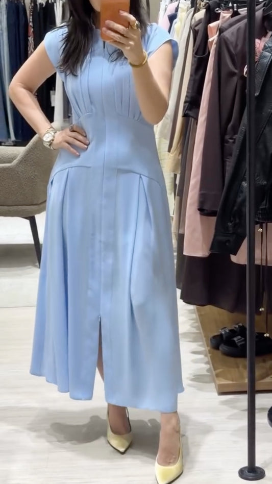 Stand Collar Cap Sleeve Pleated Front Split Midi Dress