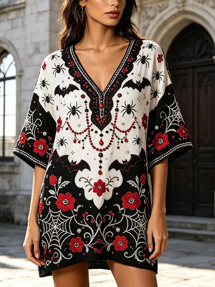 Gothic Spider Bat Red Flower Beaded Mini Tunic Dress
