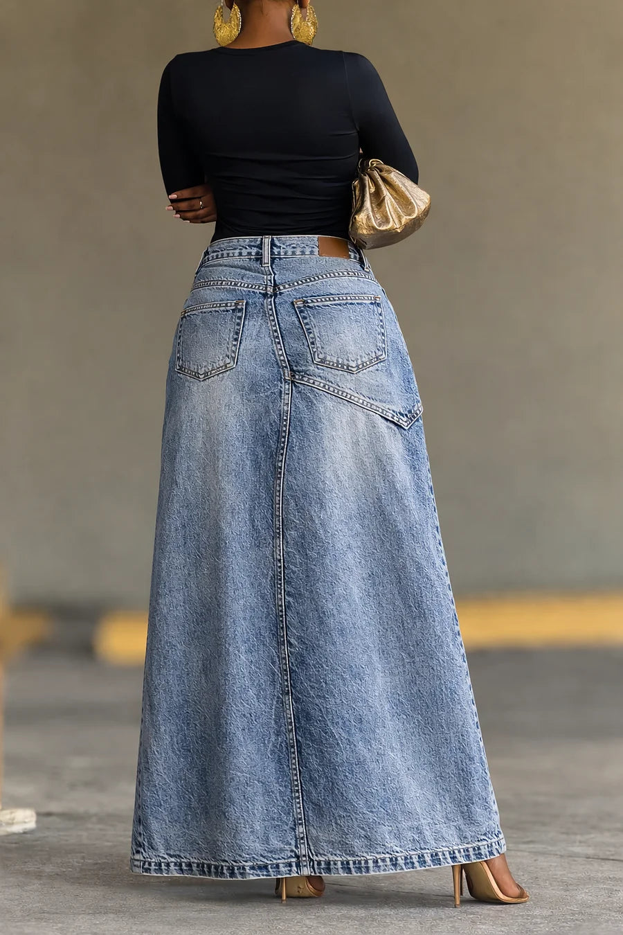 High Waist Asymmetric Wrap Denim Maxi Skirt