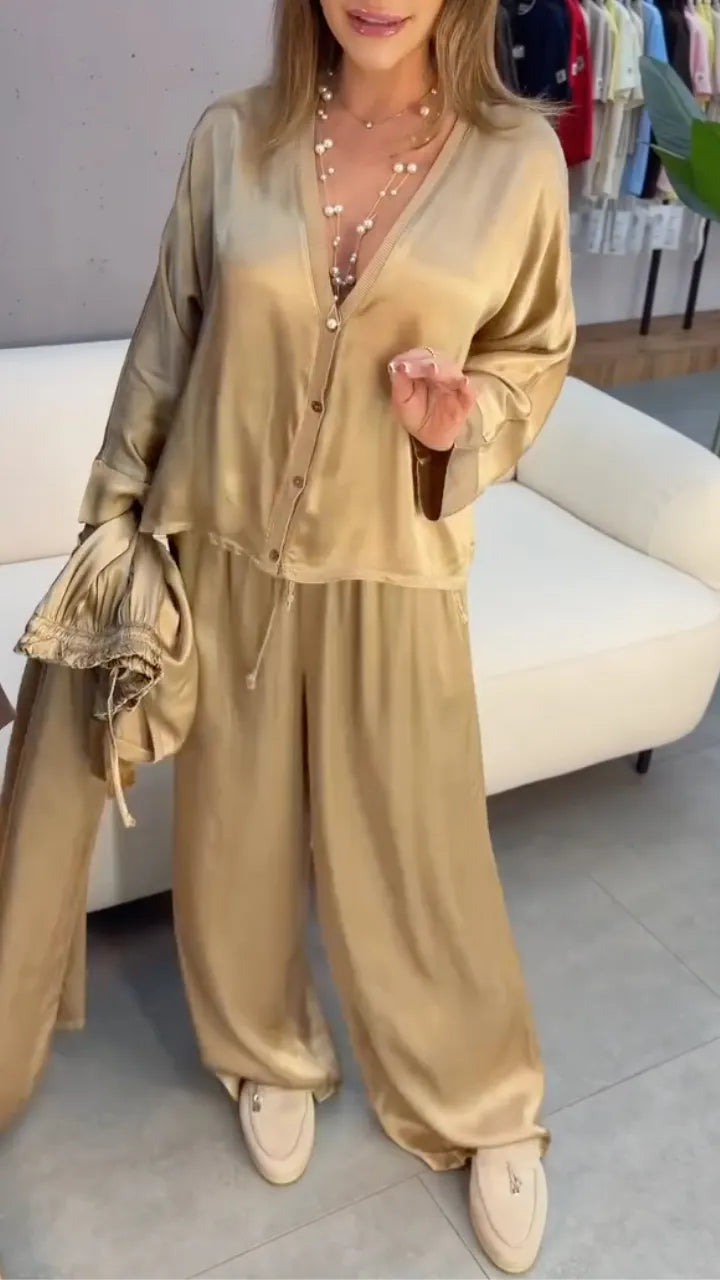 Gold Satin Loungewear 2‑Piece Set