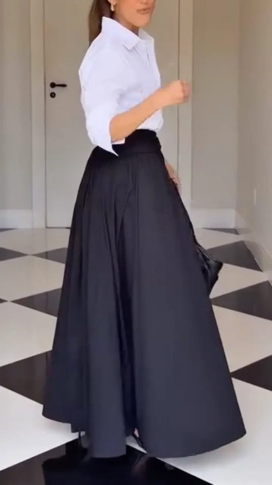 White Collared Shirt & Black Bow‑Tie Maxi Skirt Outfit
