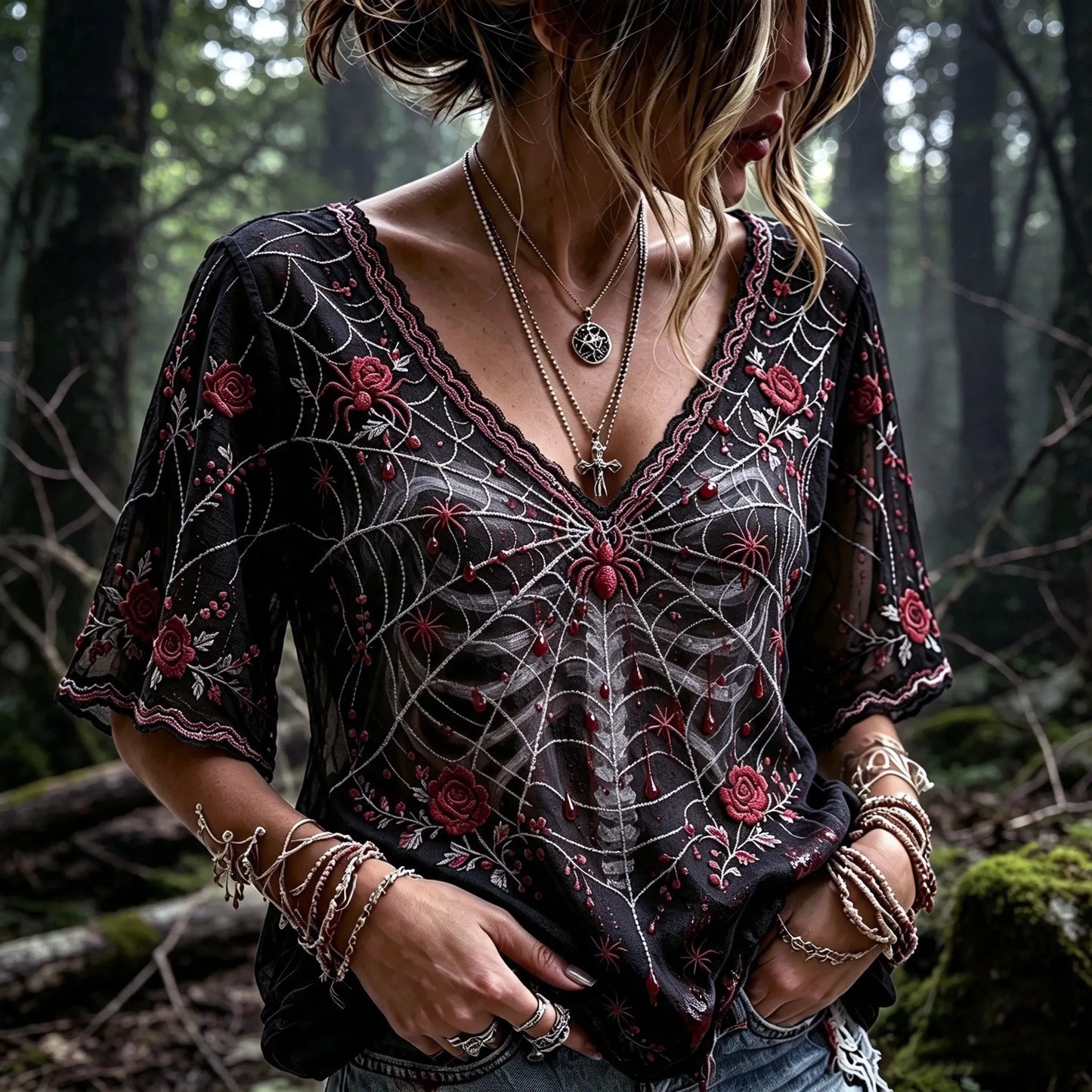 Women's Halloween-themed Spider, Rose, And Bone Print Top