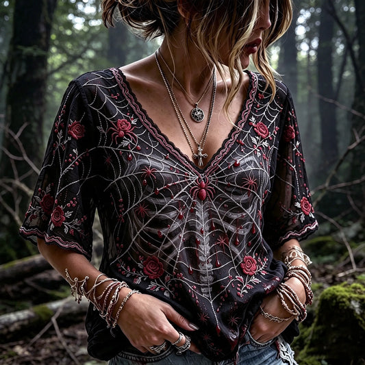 Women's Halloween-themed Spider, Rose, And Bone Print Top