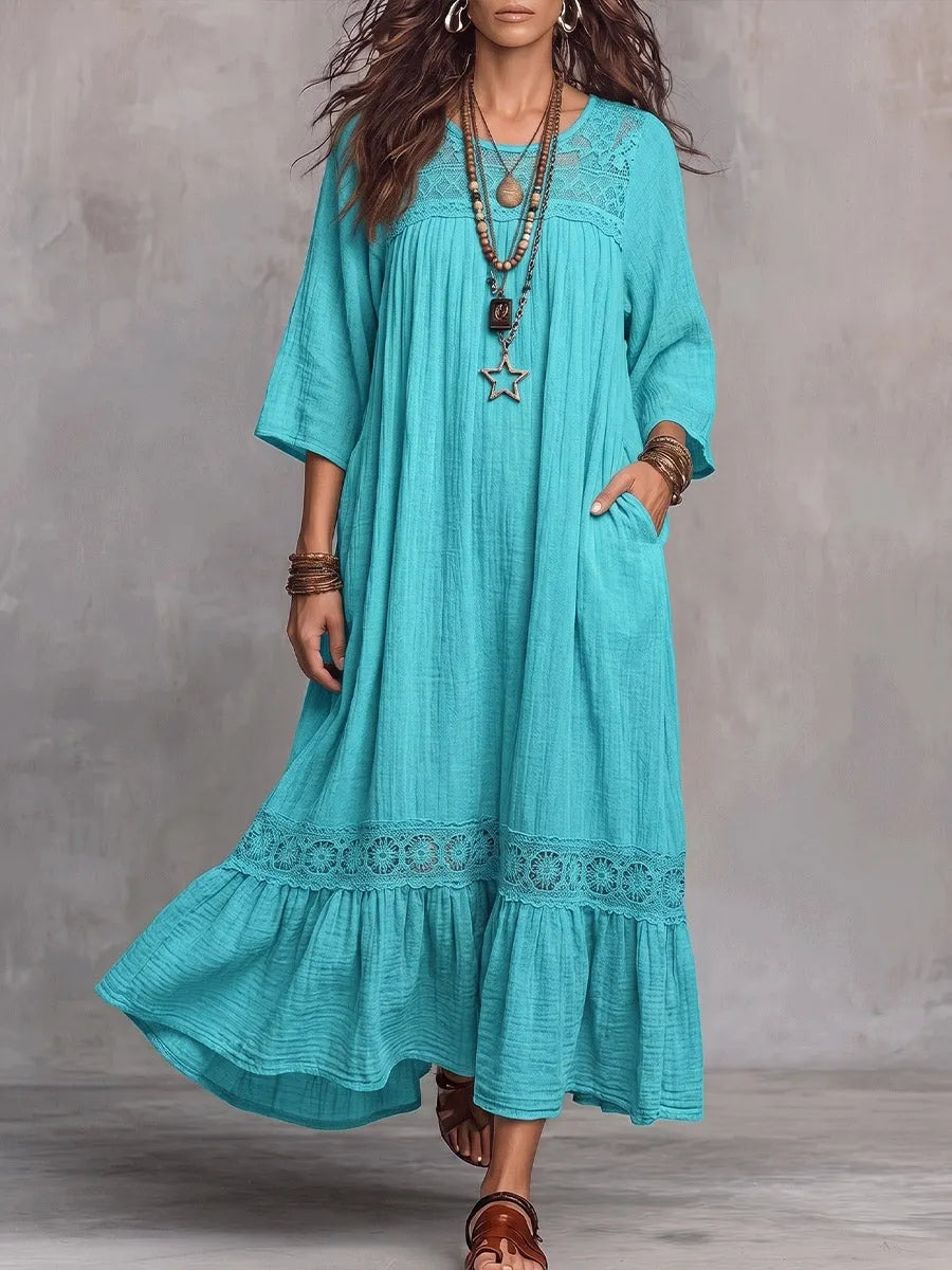 Vintage Elegant Cotton-Linen Cut-Out Lace Paneling Dress
