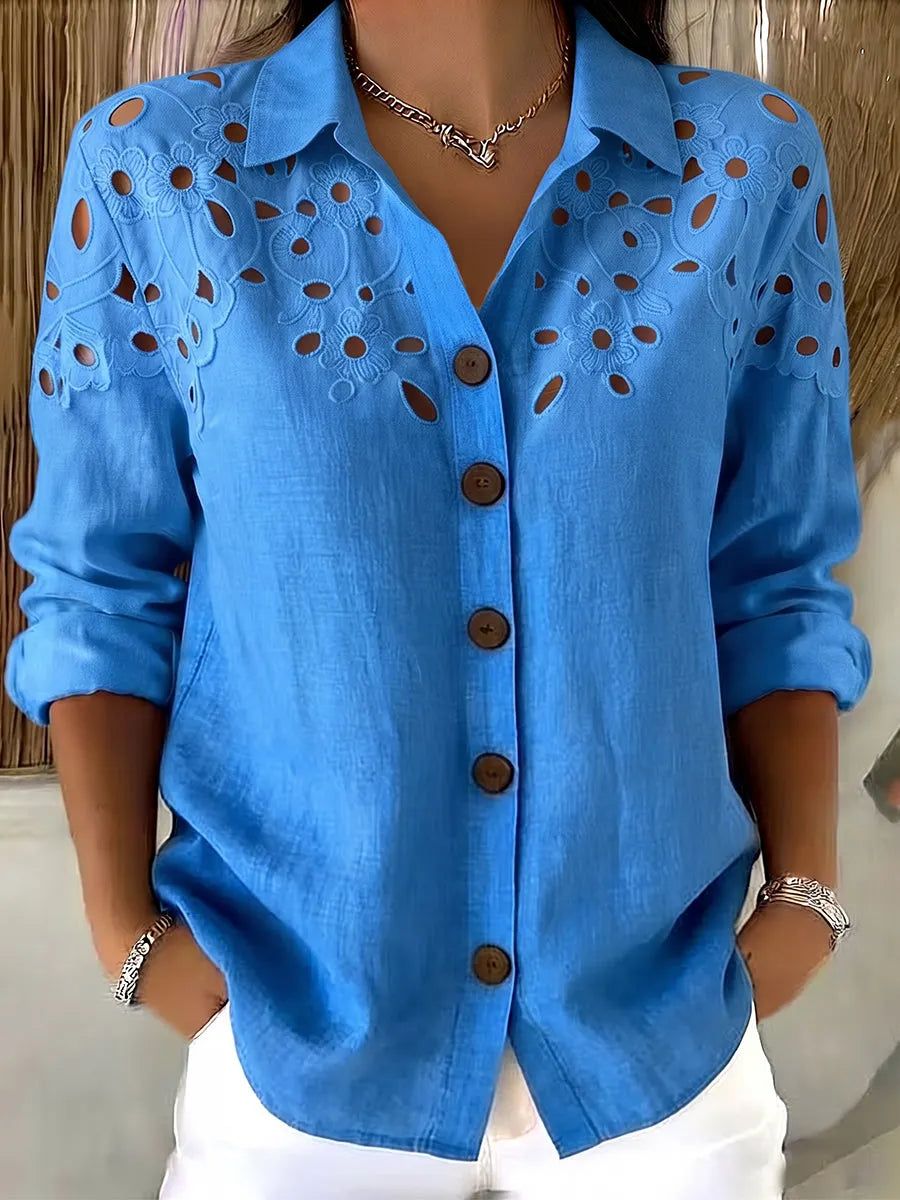Blue Cut-out Lace Cotton-linen Shirt