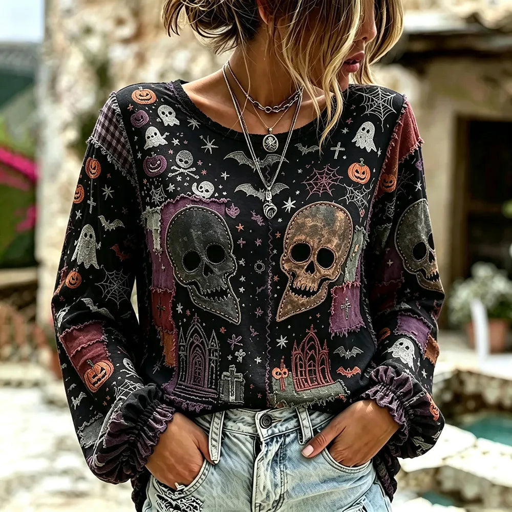 Women's Halloween Skull And Spider Art Distressed Patchwork Crewneck Long Sleeve Top