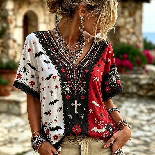 Vintage Gothic Cross Spider Bat Embroidery Color Block V Neck Top