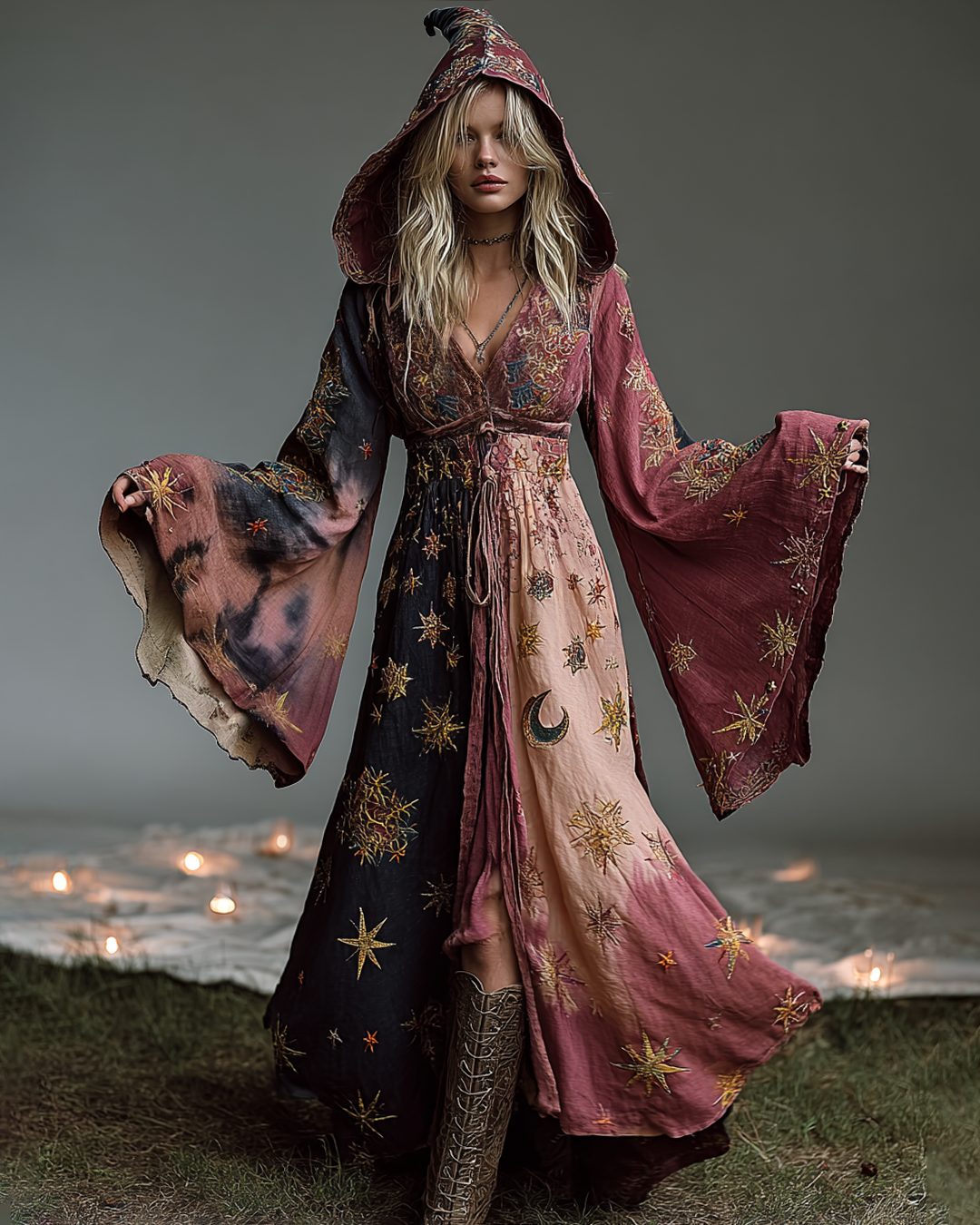 Star And Moon Themed Embroidery Gradient Hooded Witch Dress 4420