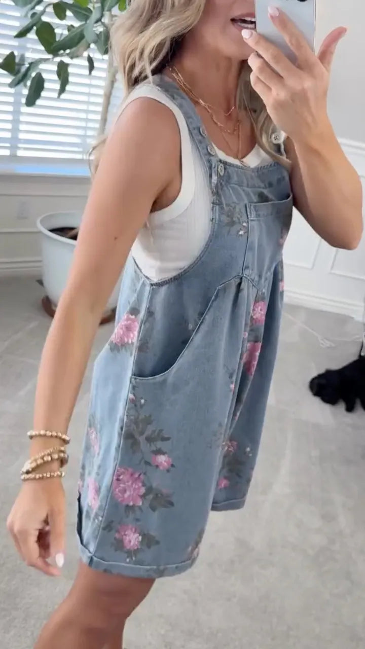 Retro Floral Denim Overall Shorts