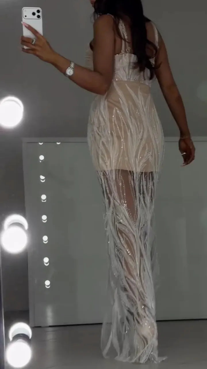 trapless Beaded Feather Sheer Maxi Dress