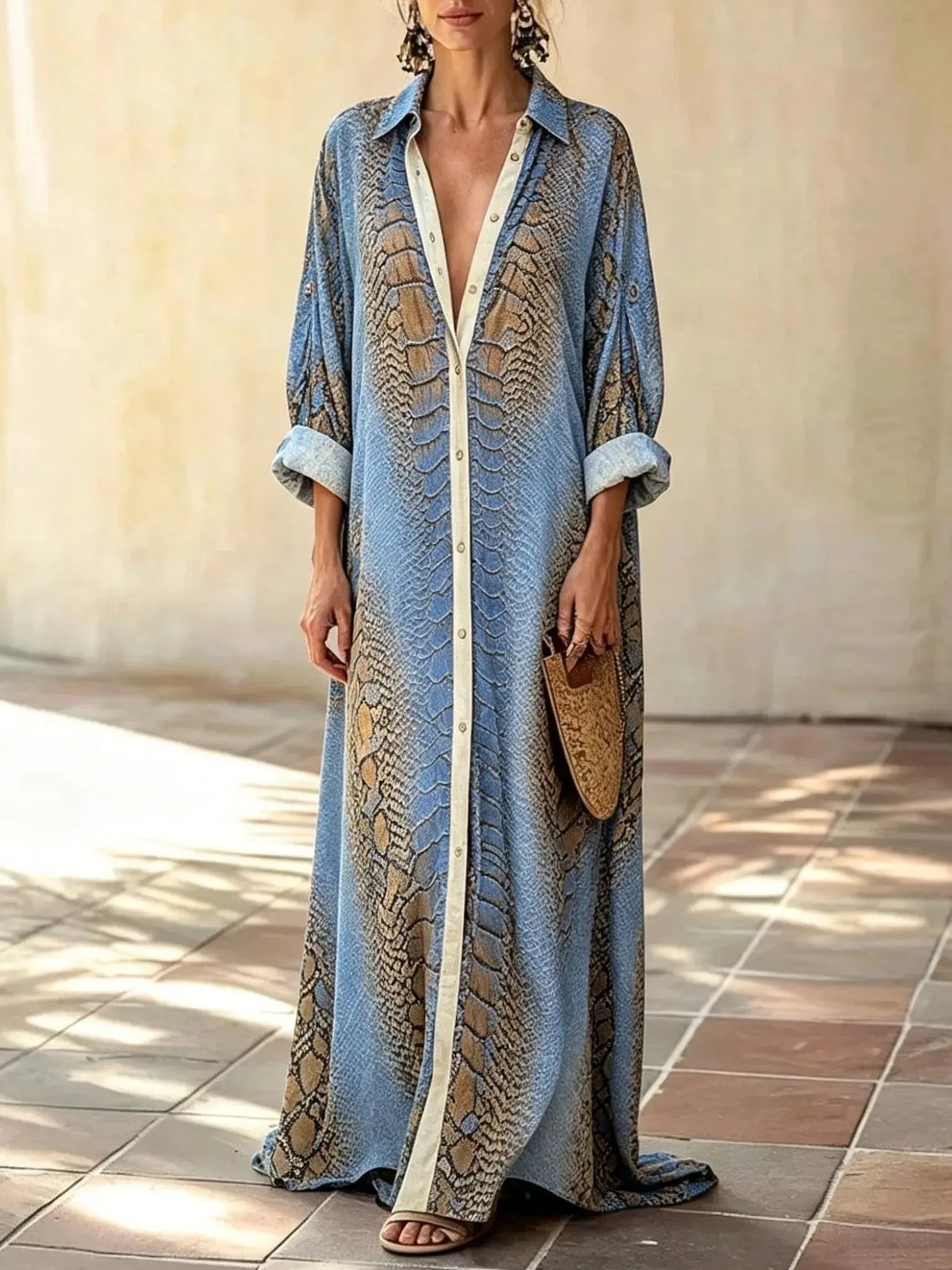 Women's Vintage Snake Skin Print Collared Button Down Long Shirt Cover Up Dress
