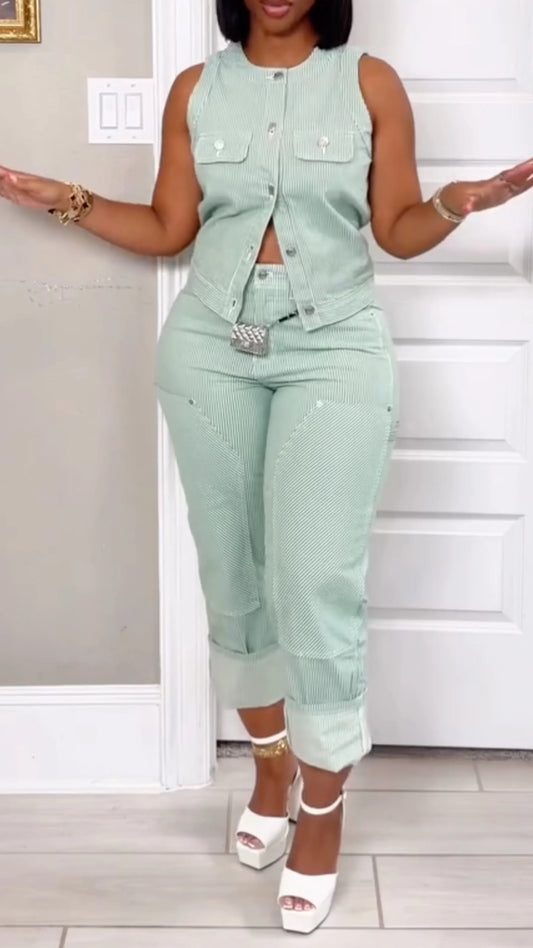Striped Denim Vest & Capri Pants Co‑Ord Set