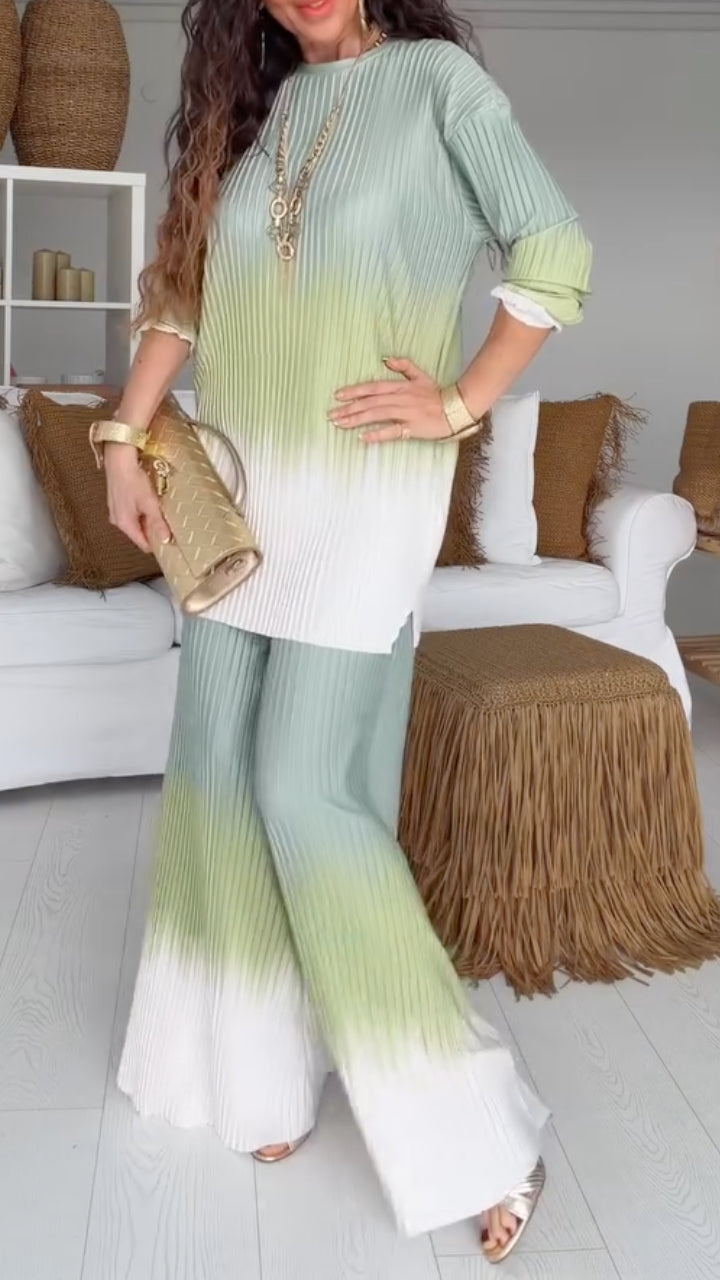 Women's Round Neck Pleated Gradient Casual Suit