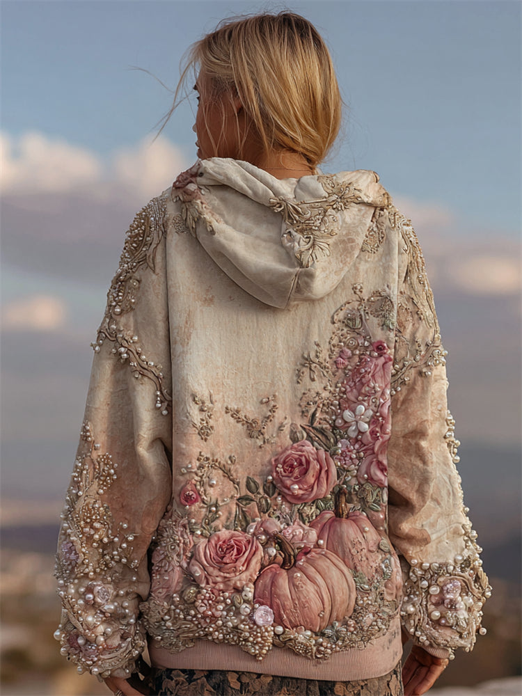 Thanksgiving Pink Pumpkins Roses Glitter Beaded Comfy Hoodie