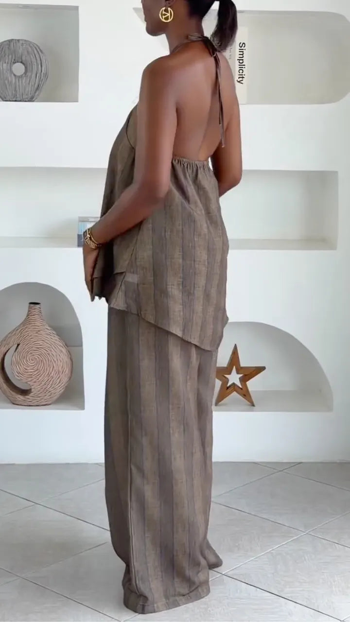 Brown Striped Halter Linen Co-Ord Set