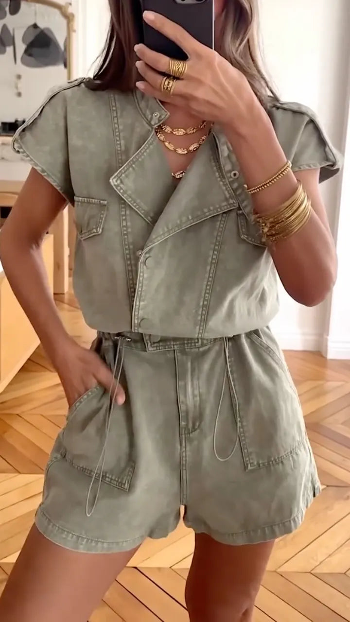Distressed Military Green Denim Workwear Romper with Lapel Collar