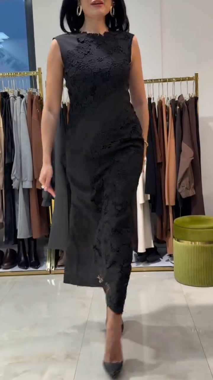 Black Sleeveless Lace Midi Dress