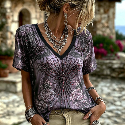 Women Dark Purple Beaded Spider Floral V Neck Short Sleeve Gothic Halloween Boho Blouse