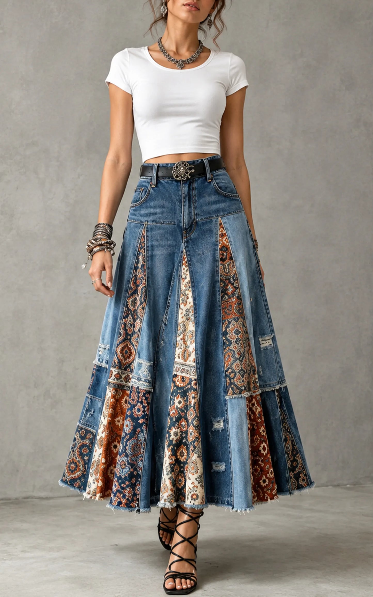 Vintage Ethnic Print Patchwork Denim Long Skirt