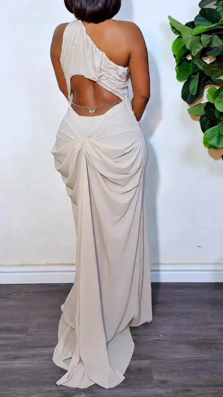 Beige Halter Cutout Mesh Panel Ruched Maxi Dress