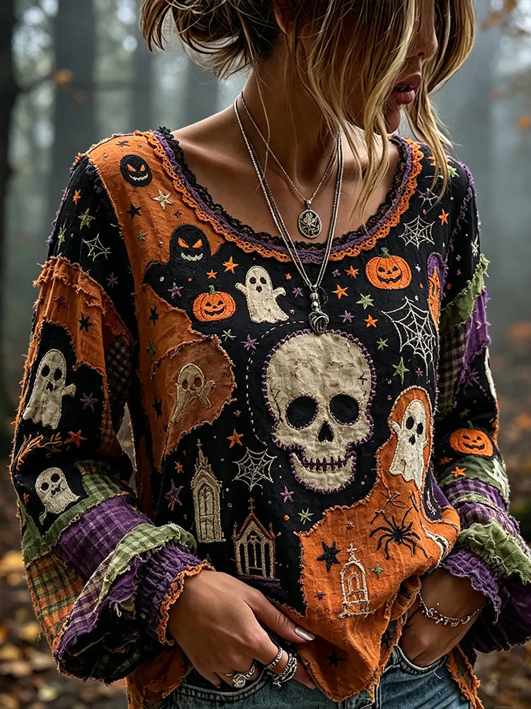 Women's Halloween Stitched Skull And Ghost Color-block Patchwork Casual Crewneck Long-sleeve Top