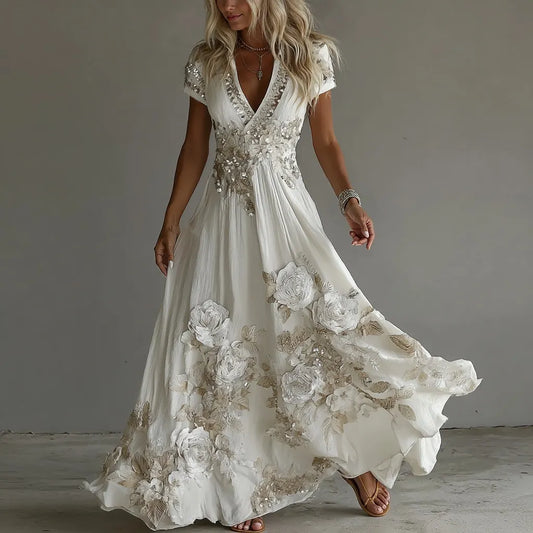 Women's Vintage Boho Floral Art Short-sleeved Maxi Dress