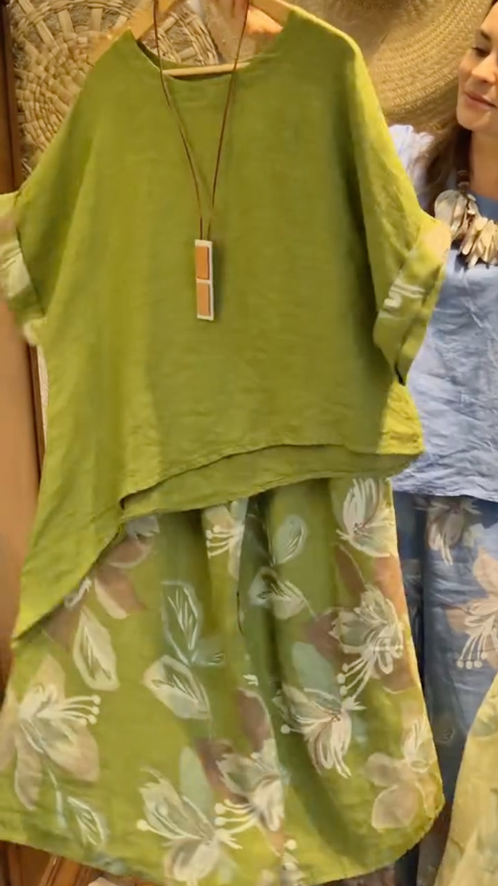 Round Neck Linen Floral Print Wide Leg Pants Set
