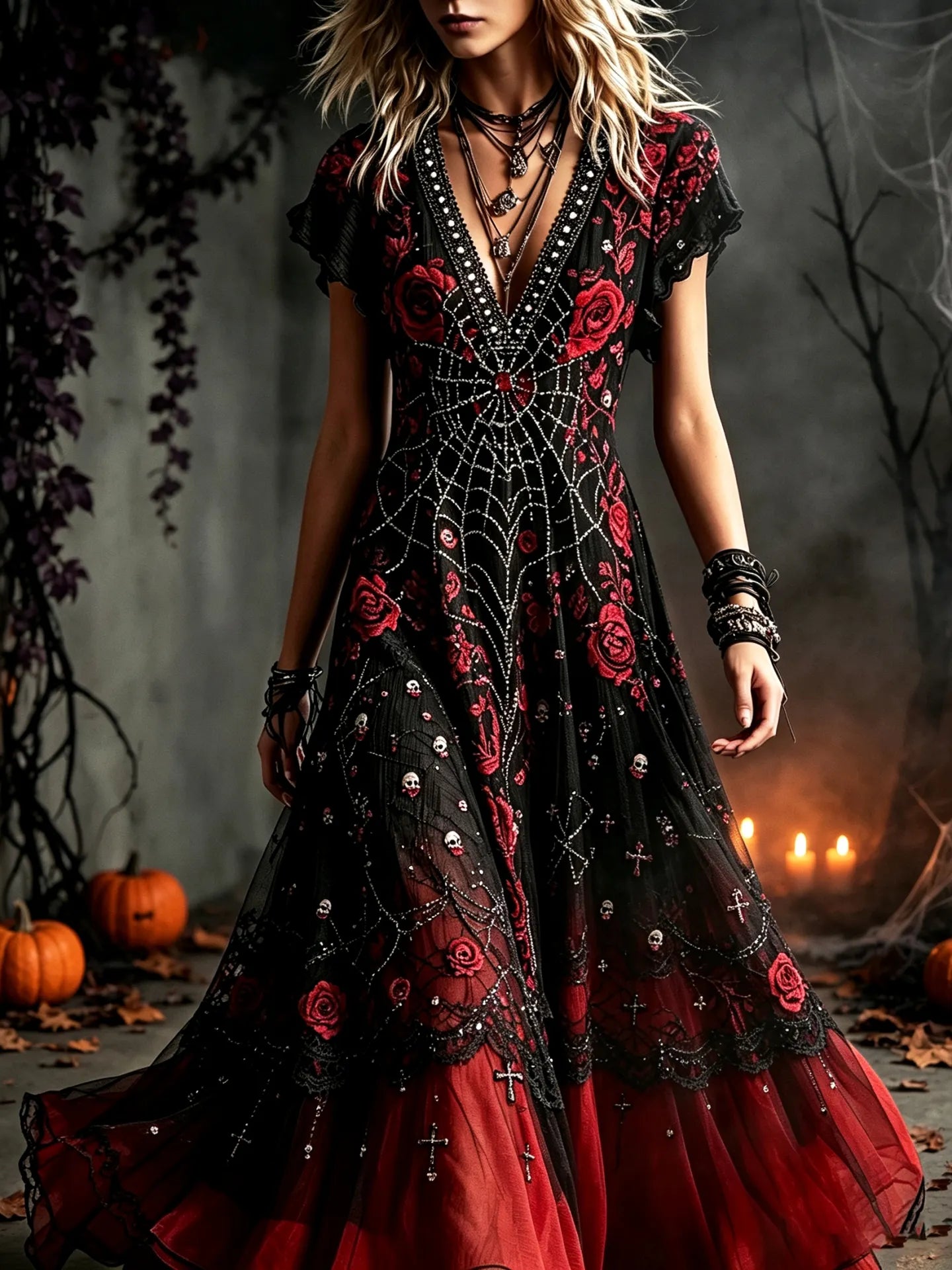 Women's Vintage Halloween Rose And Spiderweb Art V-neck Short Sleeve Maxi Dress