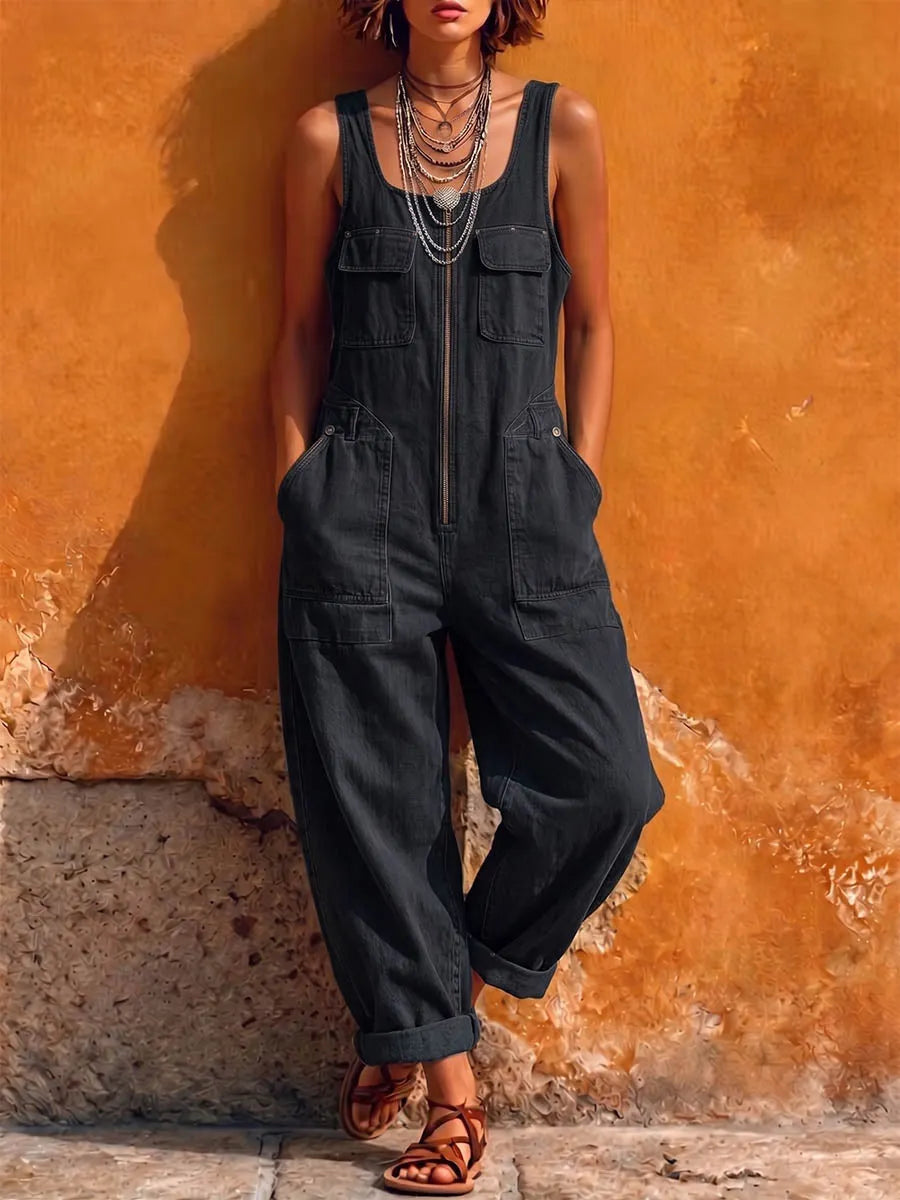 Women's U-neck Sleeveless Casual Loose Wide-leg Denim Jumpsuit