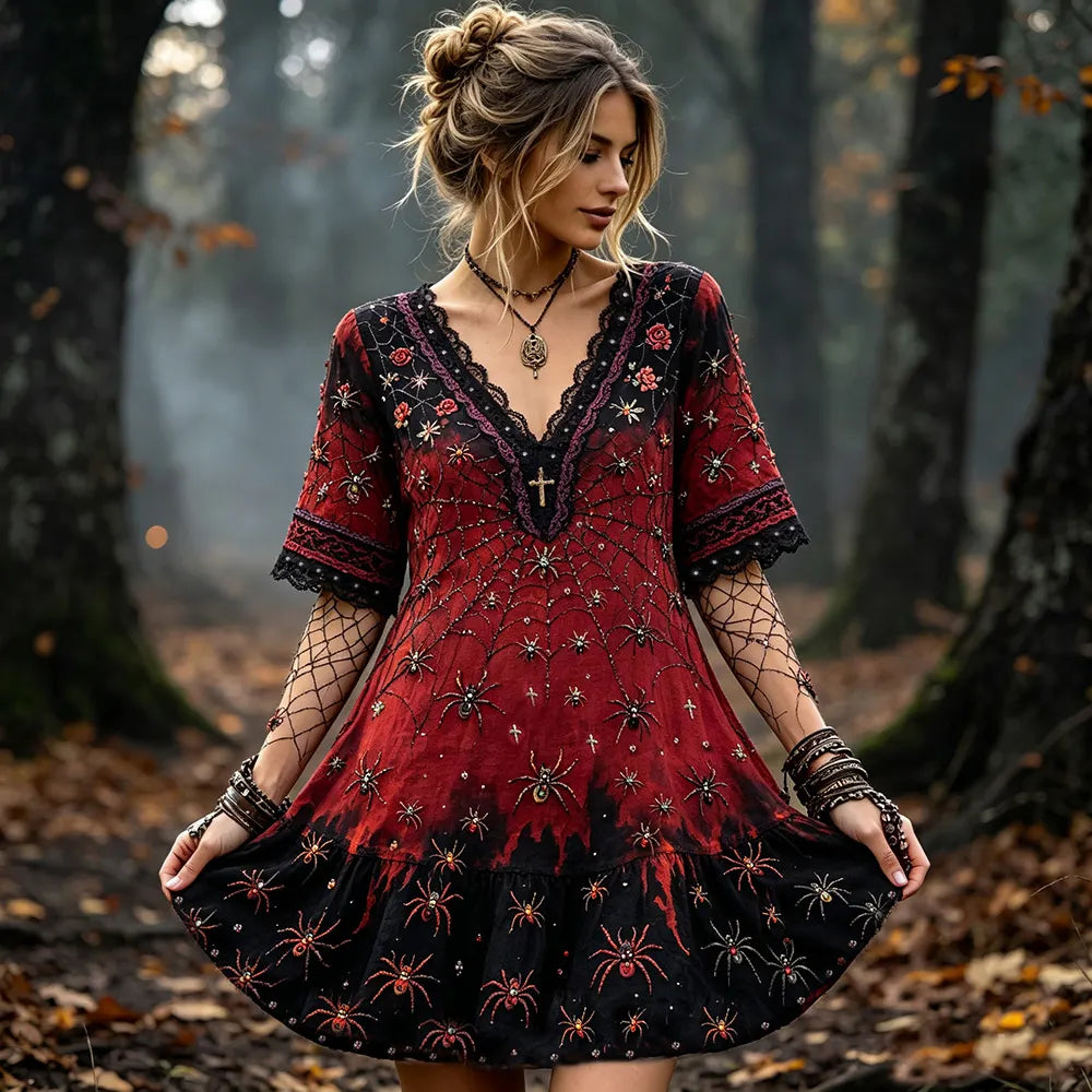 Women's Vintage Halloween Spider And Wild Red Rose Gradient Casual Cotton Linen V-neck Short Sleeve Dress