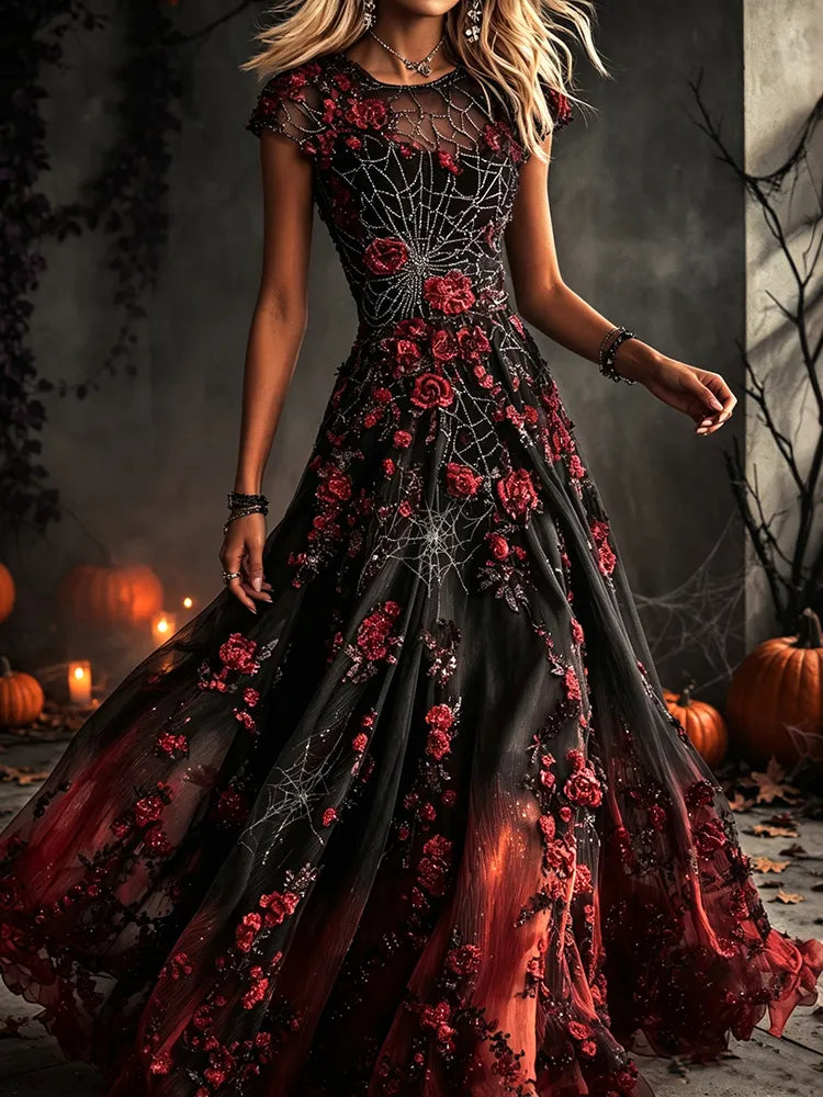Women's Vintage Halloween Rose And Spiderweb Art Crew Neck Short Sleeve Maxi Dress