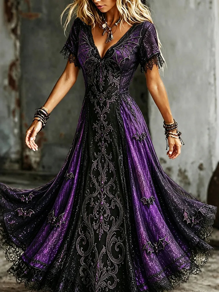 Women's Vintage Halloween Bat Pattern V-neck Short Sleeve Maxi Dress