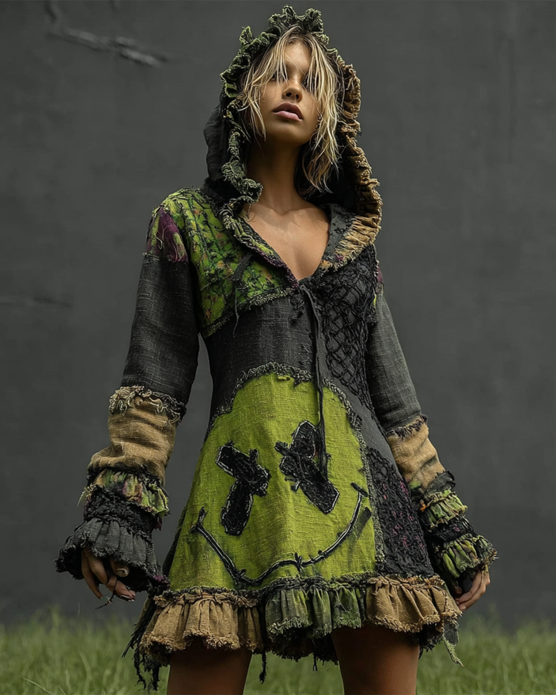 Halloween Themed Irregular Lace Patchwork Embroidered Hooded Dress a305