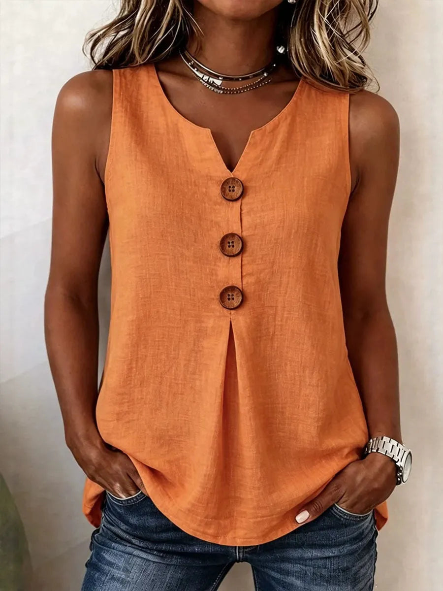 Women's Solid-color V-neck Sleeveless Casual Loose Cotton-linen Top