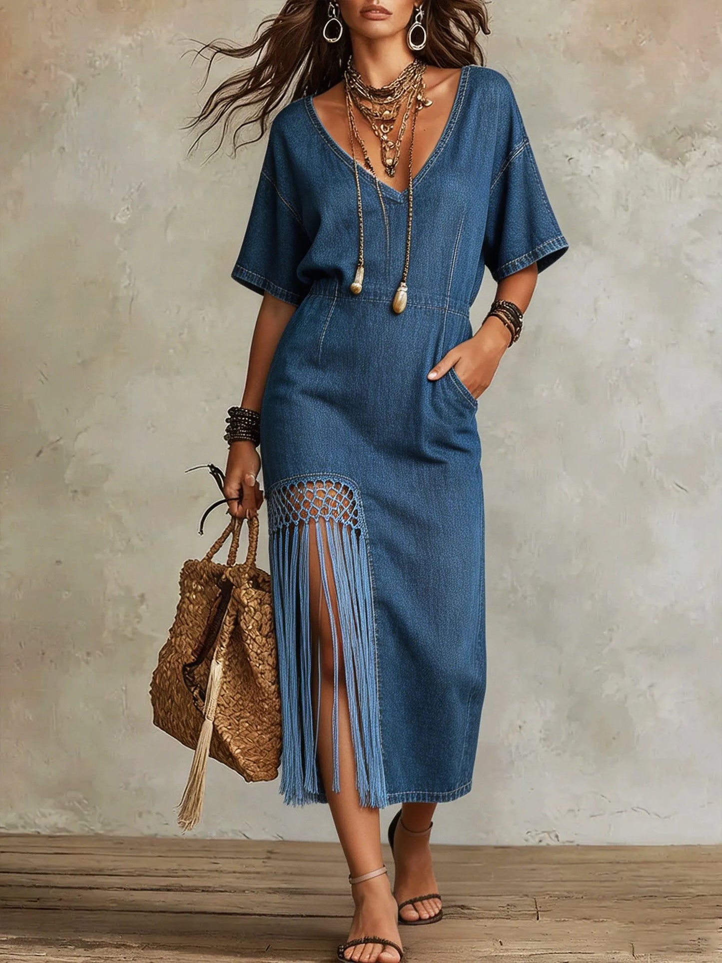 Women’s V Neck Short Sleeve Fringe Slit Denim Midi Dress With Pockets