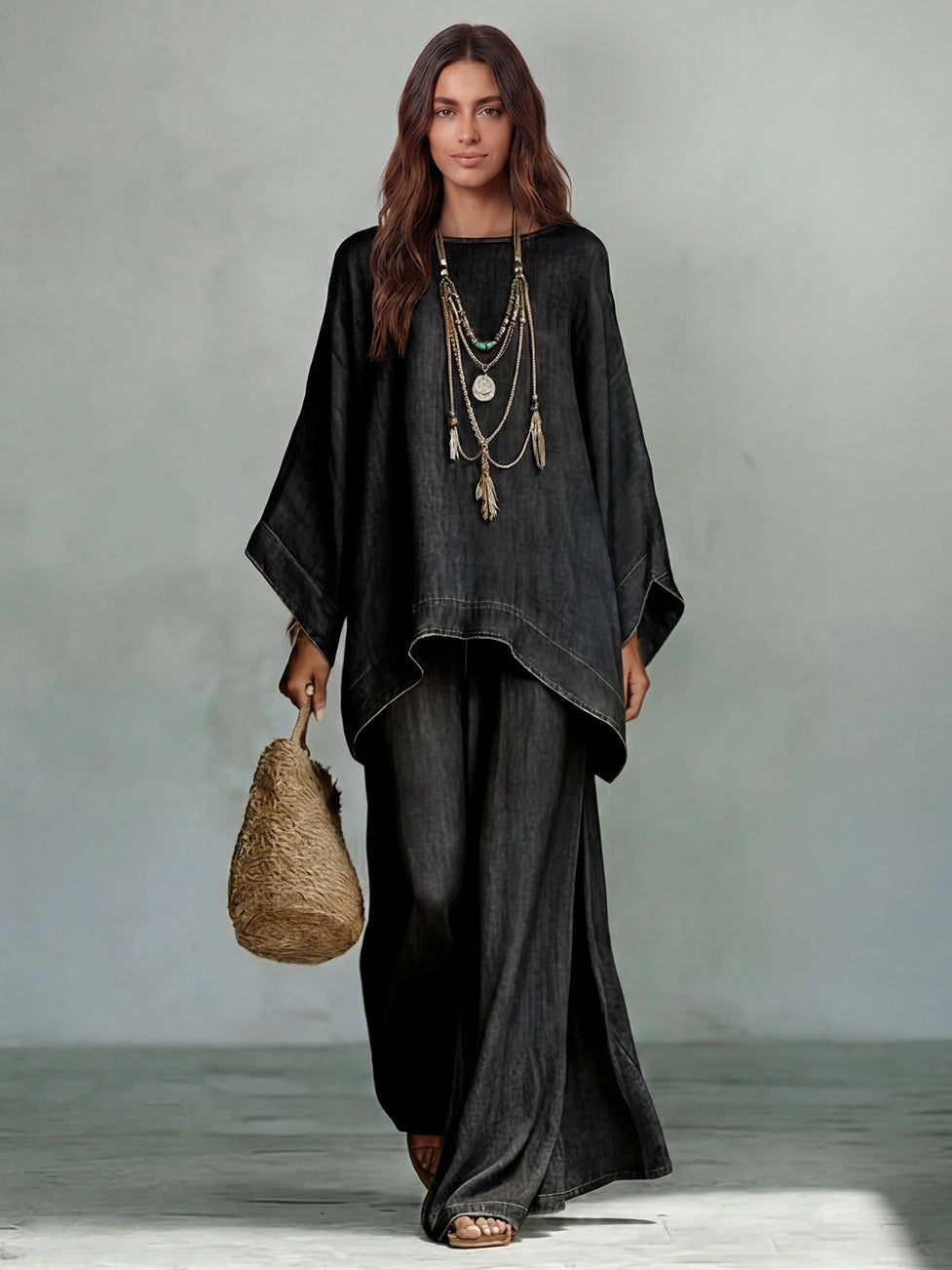 Denim Oversized Top & High‑Slit Wide Leg Pants Co‑Ord Setrd Set