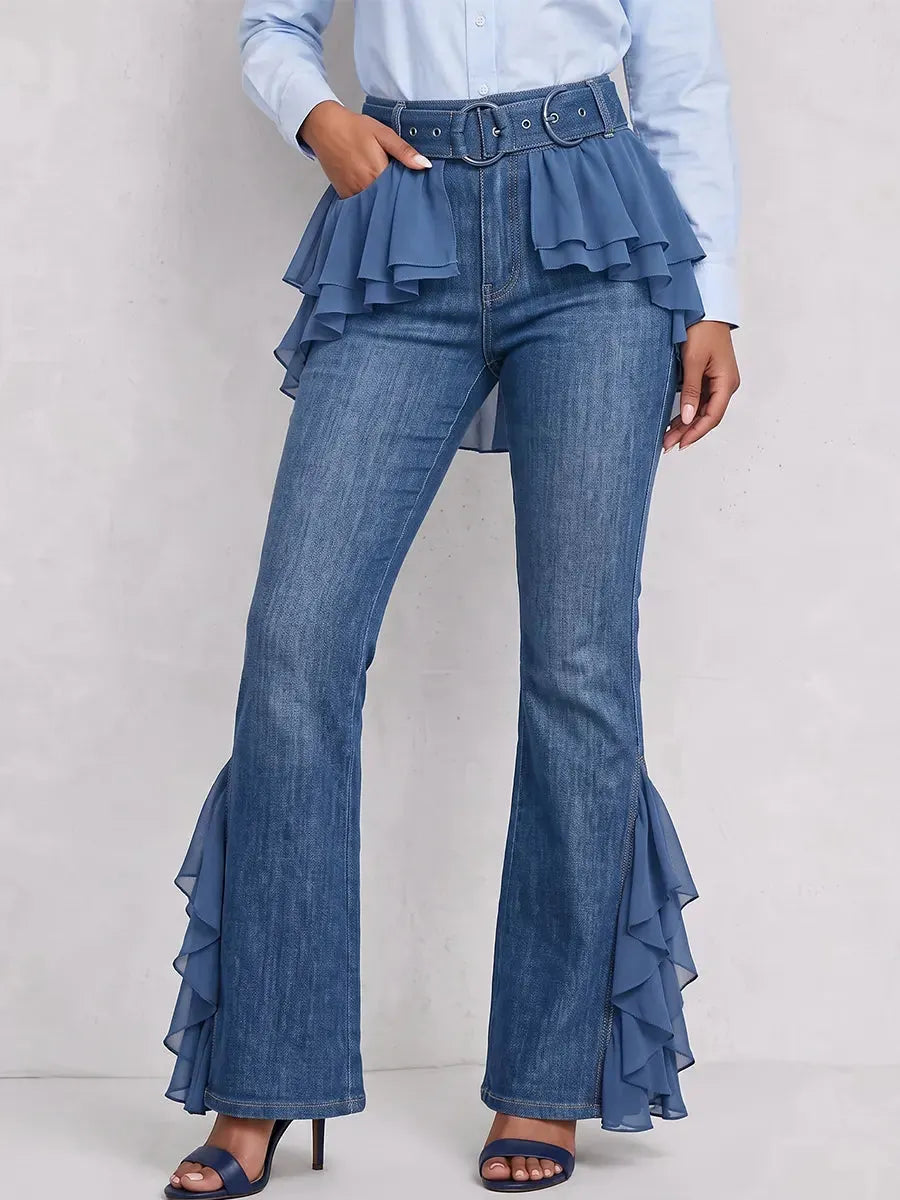 Statement Tencel Denim & Chiffon Ruffled Flare Jeans